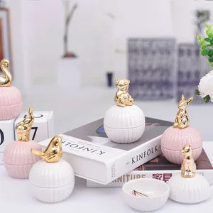 Image of Cute ceramic animal candy jar wedding ring earrings necklace jewelry box fashion 3D ceramic storage jar baby full moon gift box