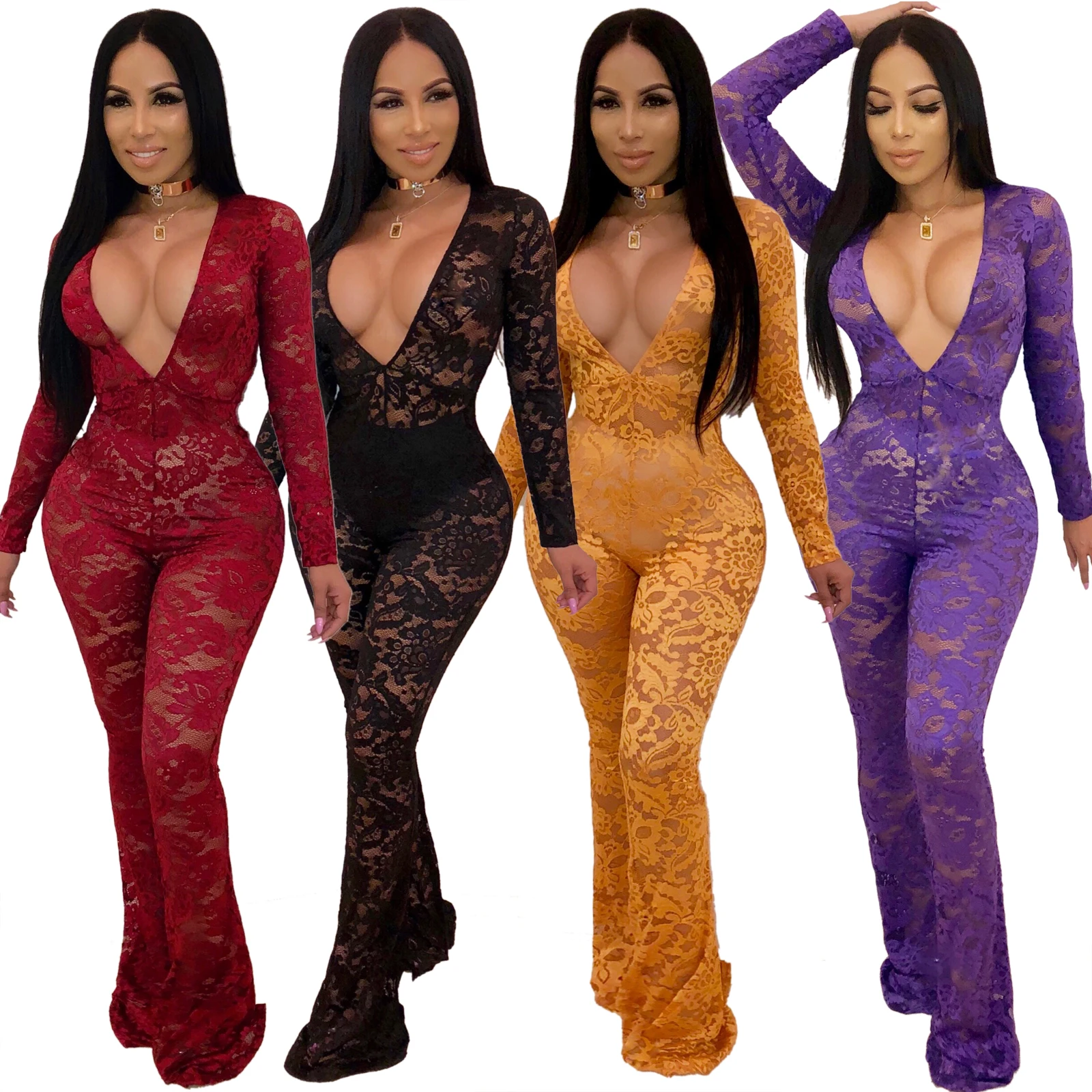 

Ready to ship OEM ODM OB6061 women fashion solid sexy cleavage lace transparent jumpsuits