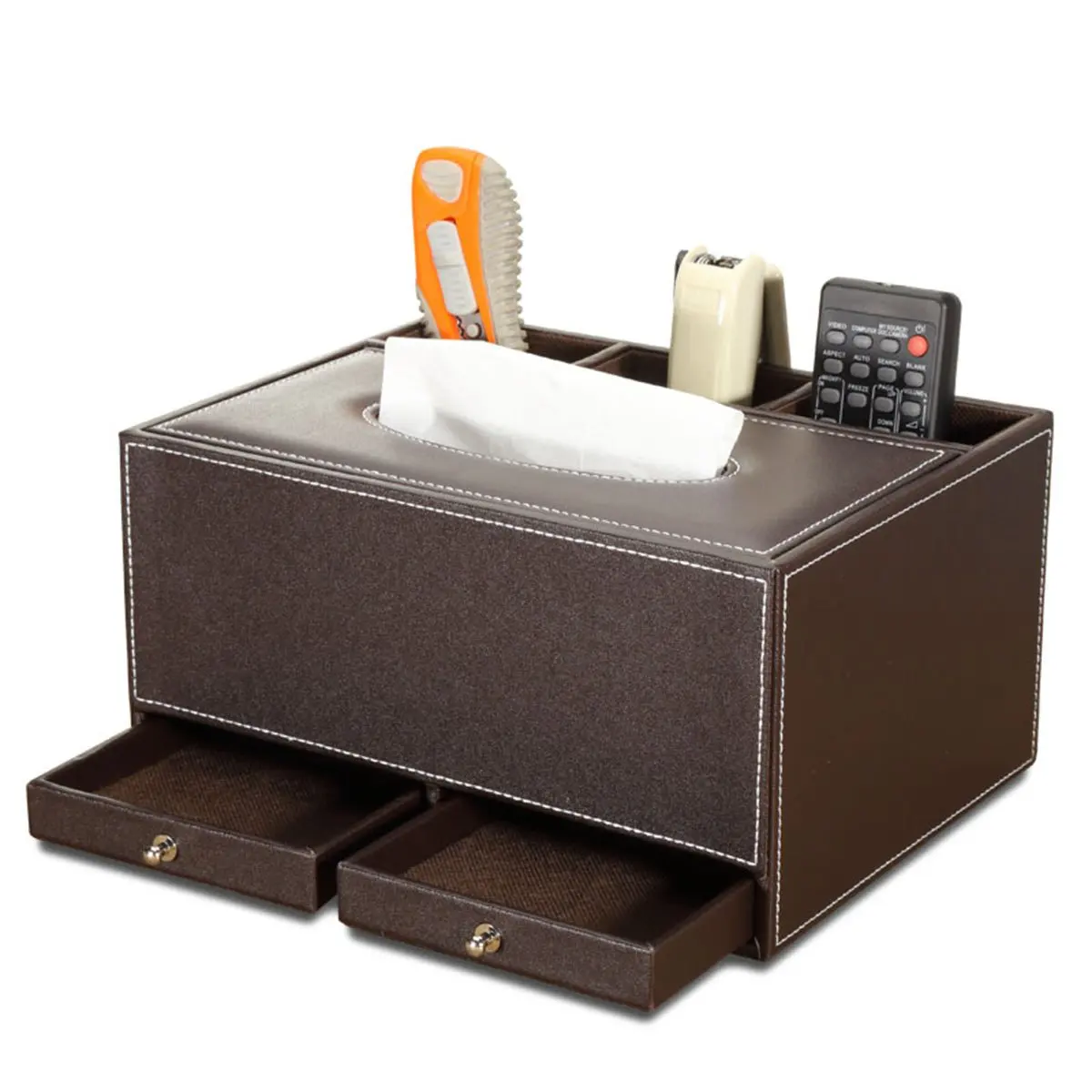 
Multi-function creative Leather office desk organizer tissue box desktop stationery storage box office supplies 