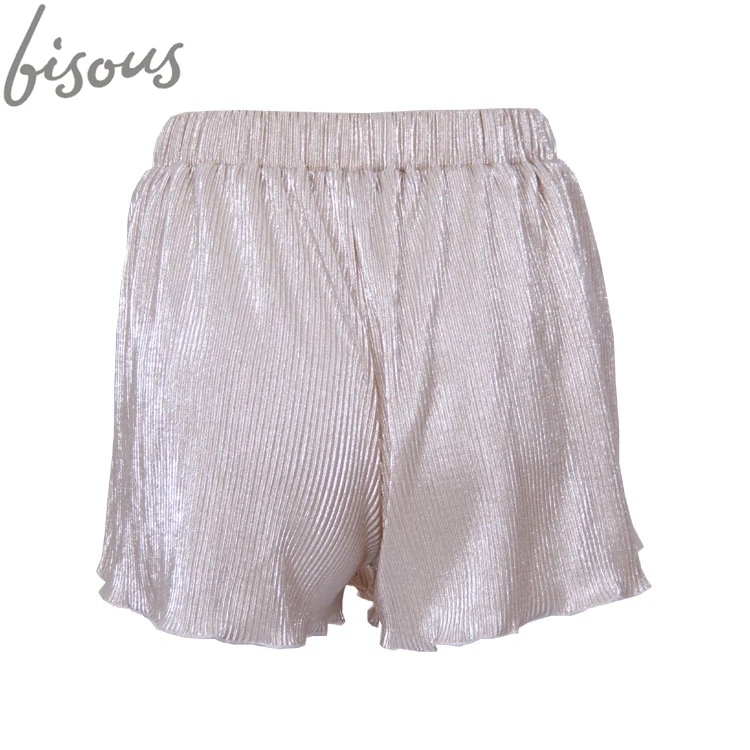 
Summer hot beach women short shiny metallic pleated drawstring Shorts 
