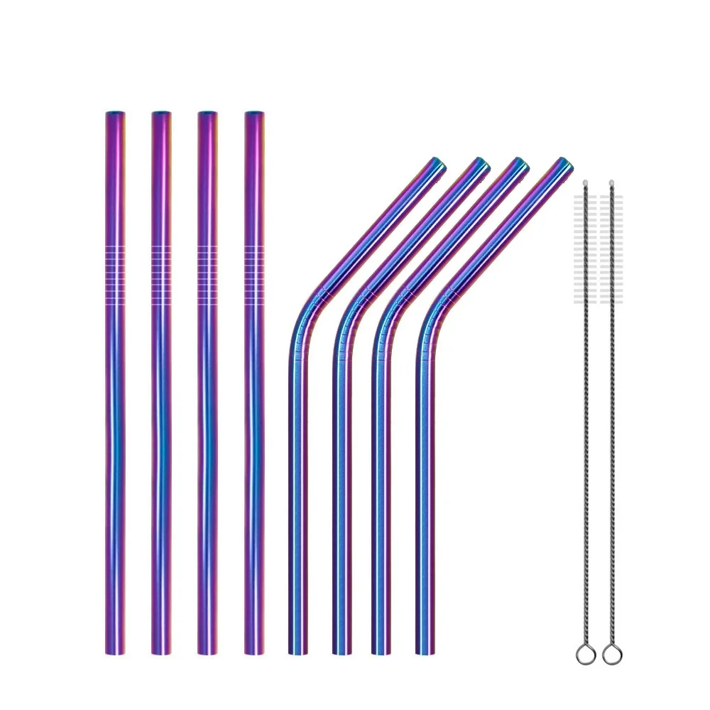 

High Quality Colorful Straw 304 Stainless Steel Straws Reusable Bent Metal Drinking Straw with Cleaner Brush, Silver;rainbow;black;copper;gold