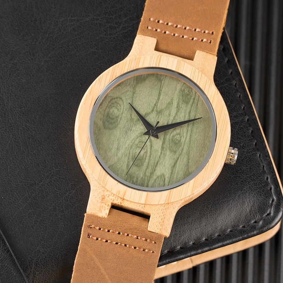 Orologio in legno con quadrante verde chiaro e marrone, minimalista, semplice, in legno, bambù naturale, per uomo e donna, in vera pelle, orologio da regalo Reloj de madera 2017 2018, regali per uomo (11)