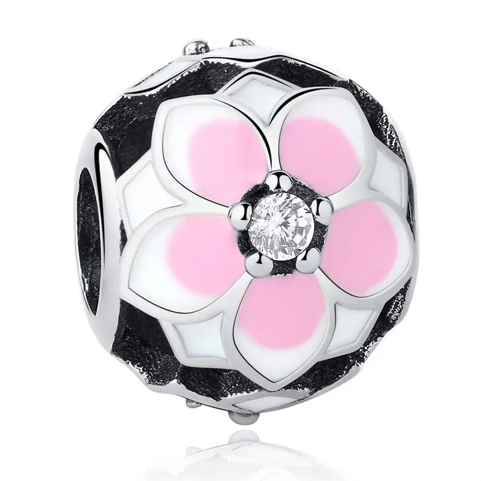 

New Fashion Sterling Silver 925 Original Charm Beads with Pink Enamel Flower Fit Bracelet DIY Jewelry, Pink color