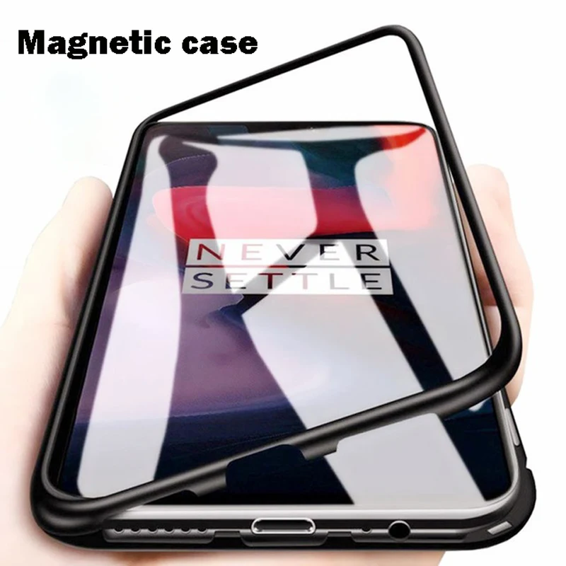 

Factory Price Metal Magnetic Adsorption Phone Case For OnePlus 7 Pro 6T 5T Tempered Glass Back Cover Case, Black,white,red,blue,gold