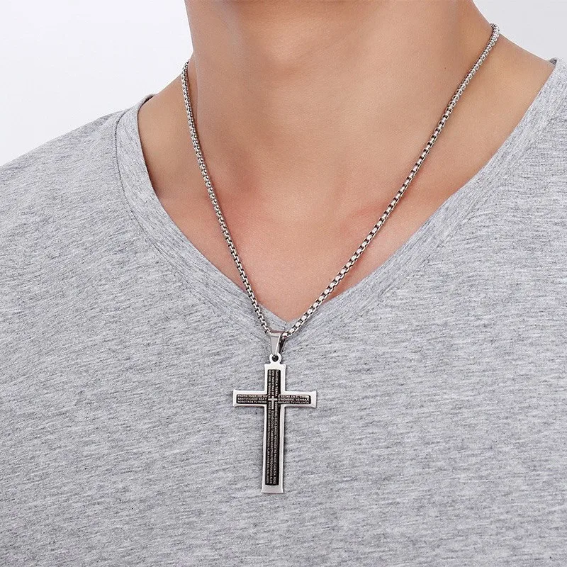 Unisex Stainless Steel Espana Bible Prayer Necklace Cross Pendant for Mens Womens Black