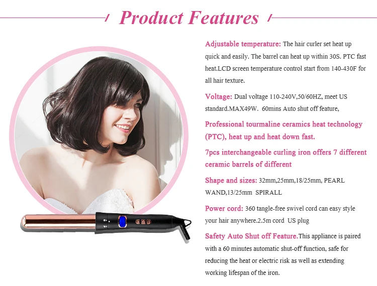 New 5 In 1 Ceramic Curl Curling Wand Hair Curler Set Pro