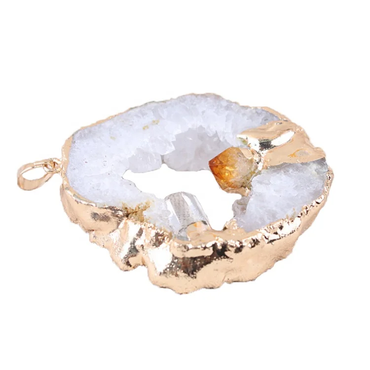 

Agate Druzy Geode Pendant Geode Slice Pendant with Gold Plated, Yellow blue pink