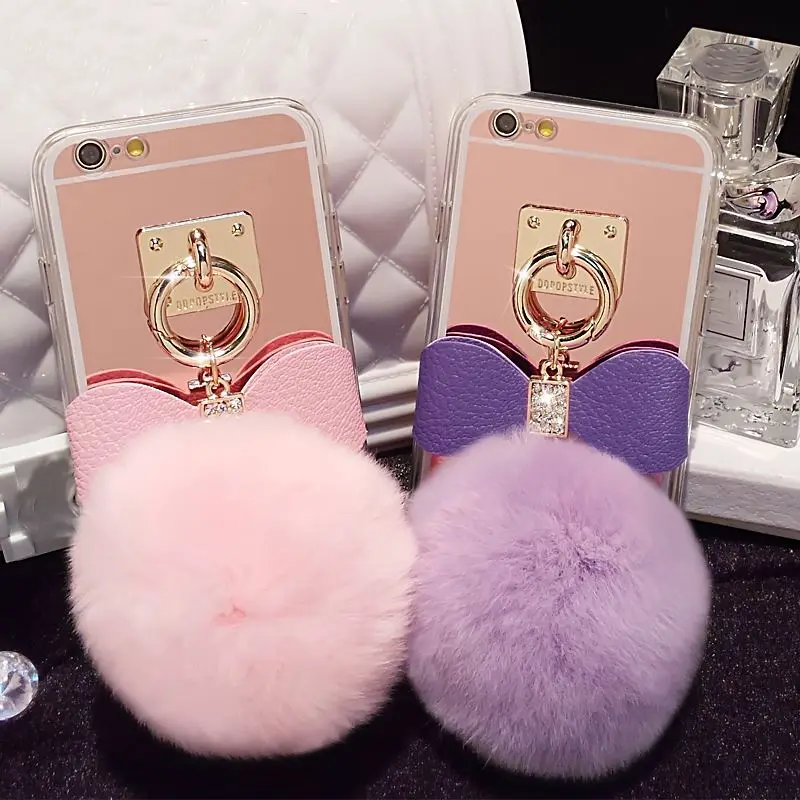 

Cute 3D Bunny Hair Fluff Pompom Keychain Fur Phone Case Back Cover With Mirror for samsang S5 S6 PLUS S7 S7E S8 S8P cover shell
