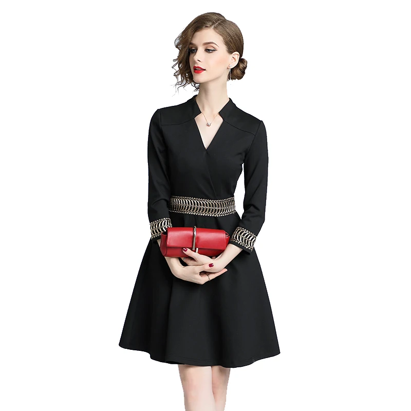 

Wholesale In-stock New Arrival V neck Black Autumn Winter Elegant Dress OL Desgin