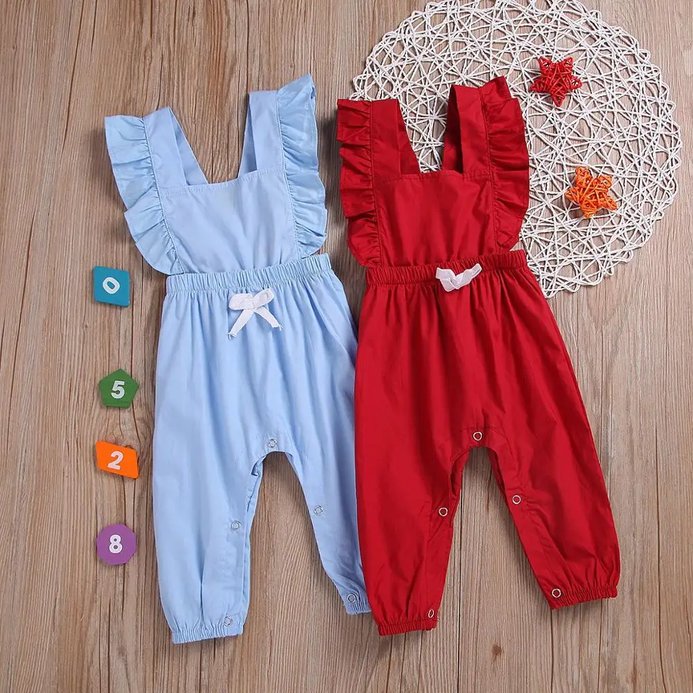 

Cute Toddler Baby Girls Kids clothes Ruffle sleeveless solid cotton summer Romper backless Jumpsuit one pieces, As picture