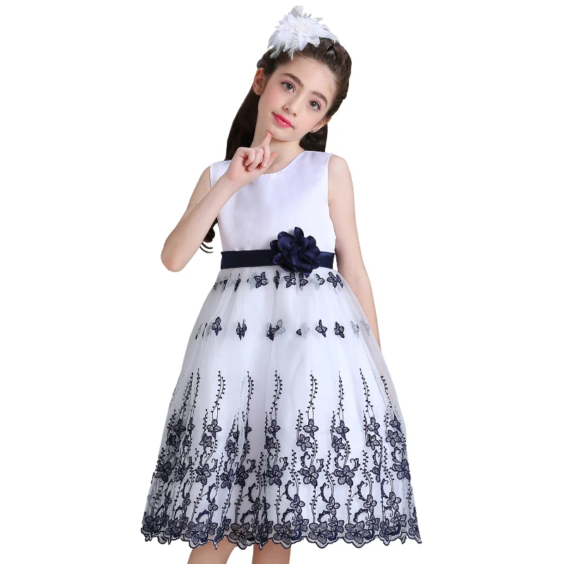 

High Quality Elegant Black Flower Tassel Girls Evening Prom Party Dress Embroidery Girls Wedding Dress With Bow L9056