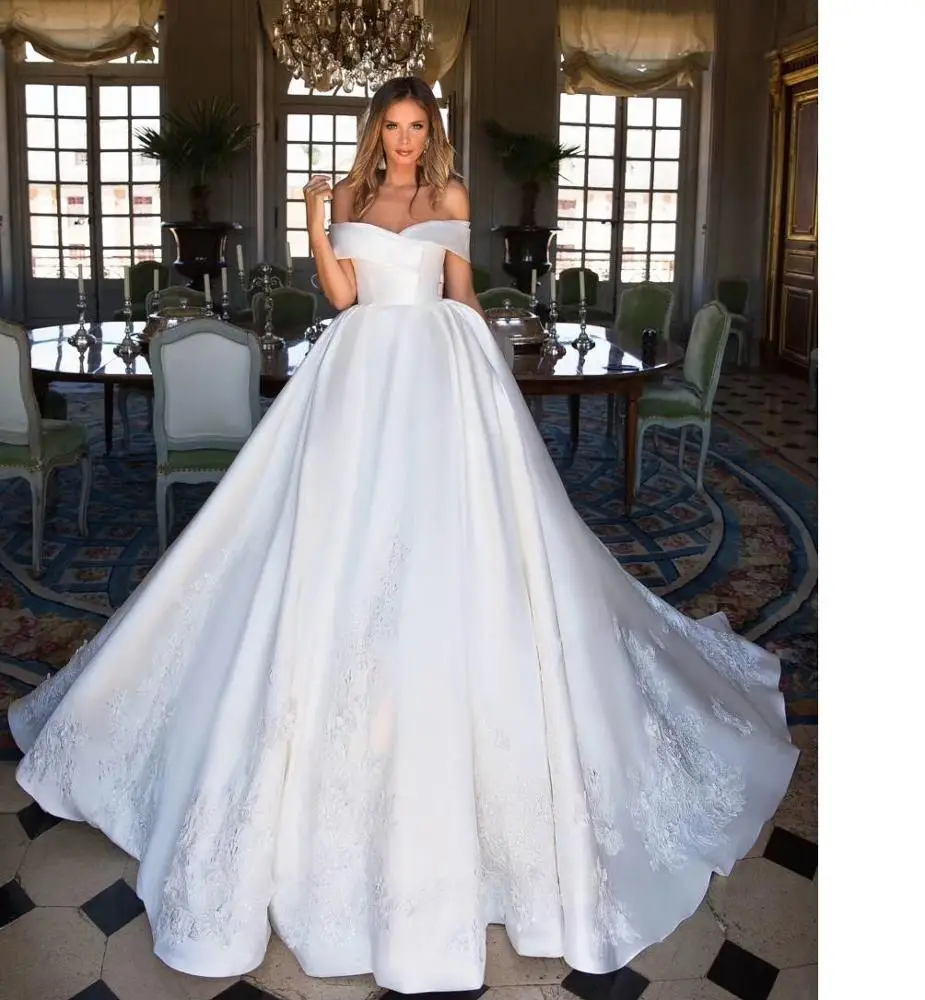 

Elegant Luxury Long Train Off Shoulder Beaded Lace Real Image Wedding Dresses Italian Satin Bridal Gowns 2019, Customized