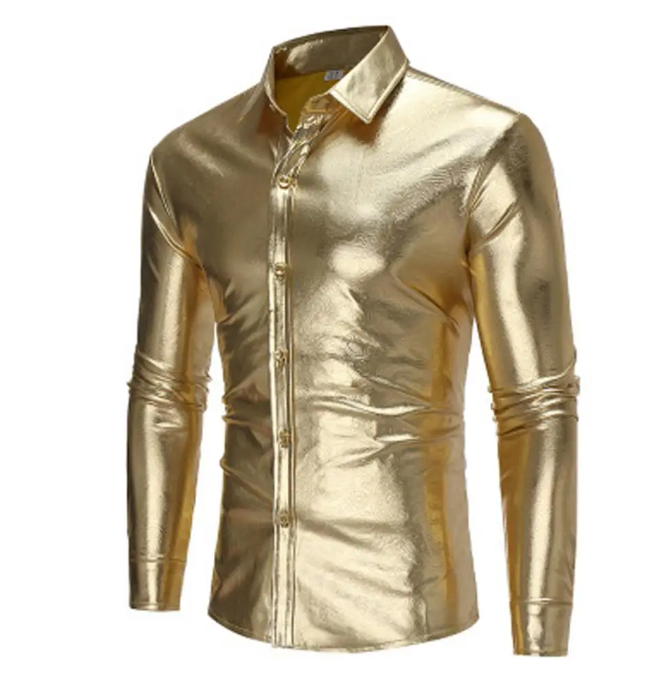 Men 's Slim Fit Shirts  - Slim  Fit Fashion Metallic Shiny - Long Sleeve Elastic Chemise Homme Clothing for Night Club