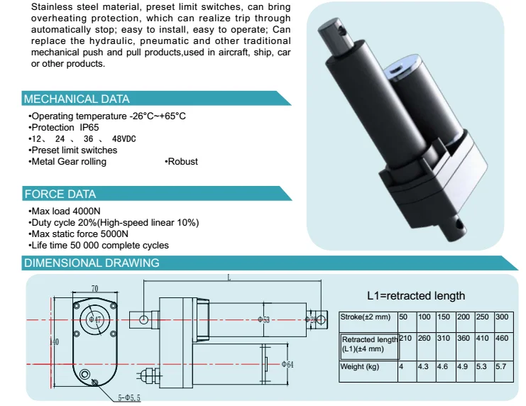 Customized black 4500N 12v electric linear actuator with 700mm stroke TGC-A