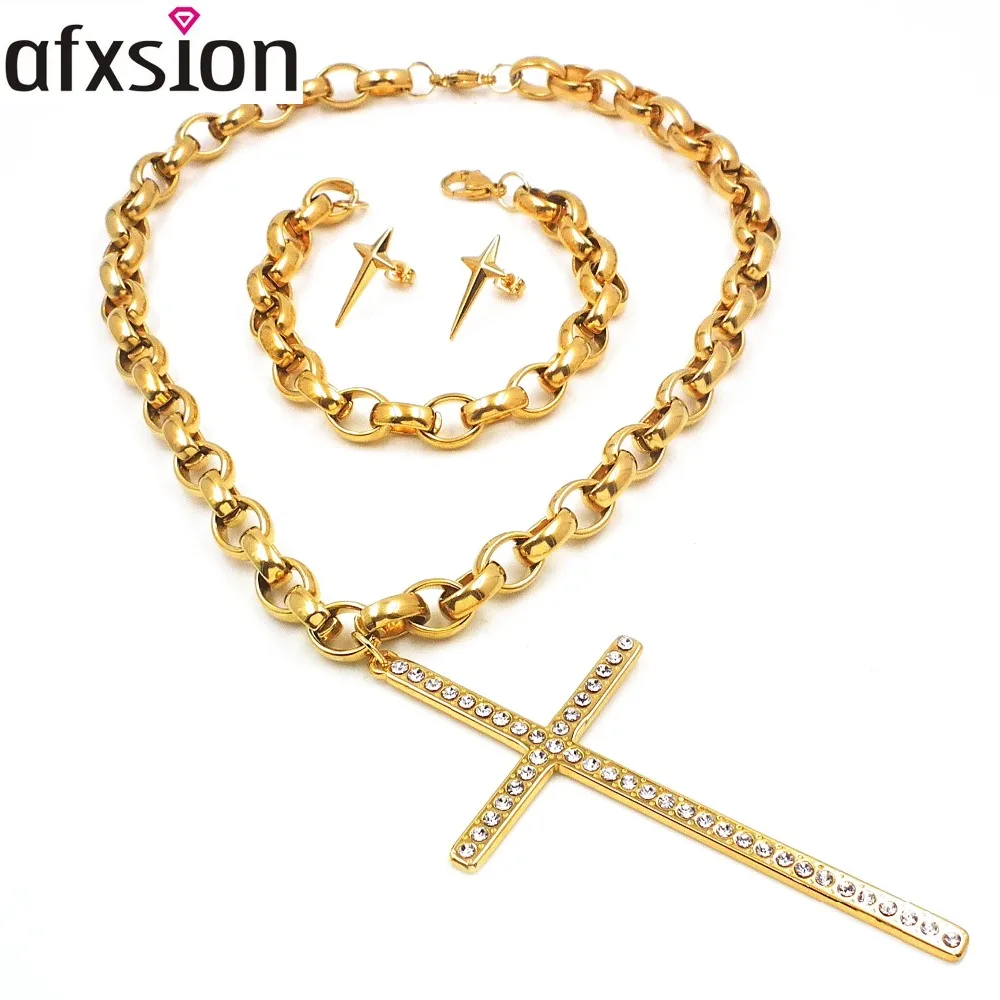 Afxsion jewelry Diamonds cross necklace stainless steel jewelry pendant earrings bracelet