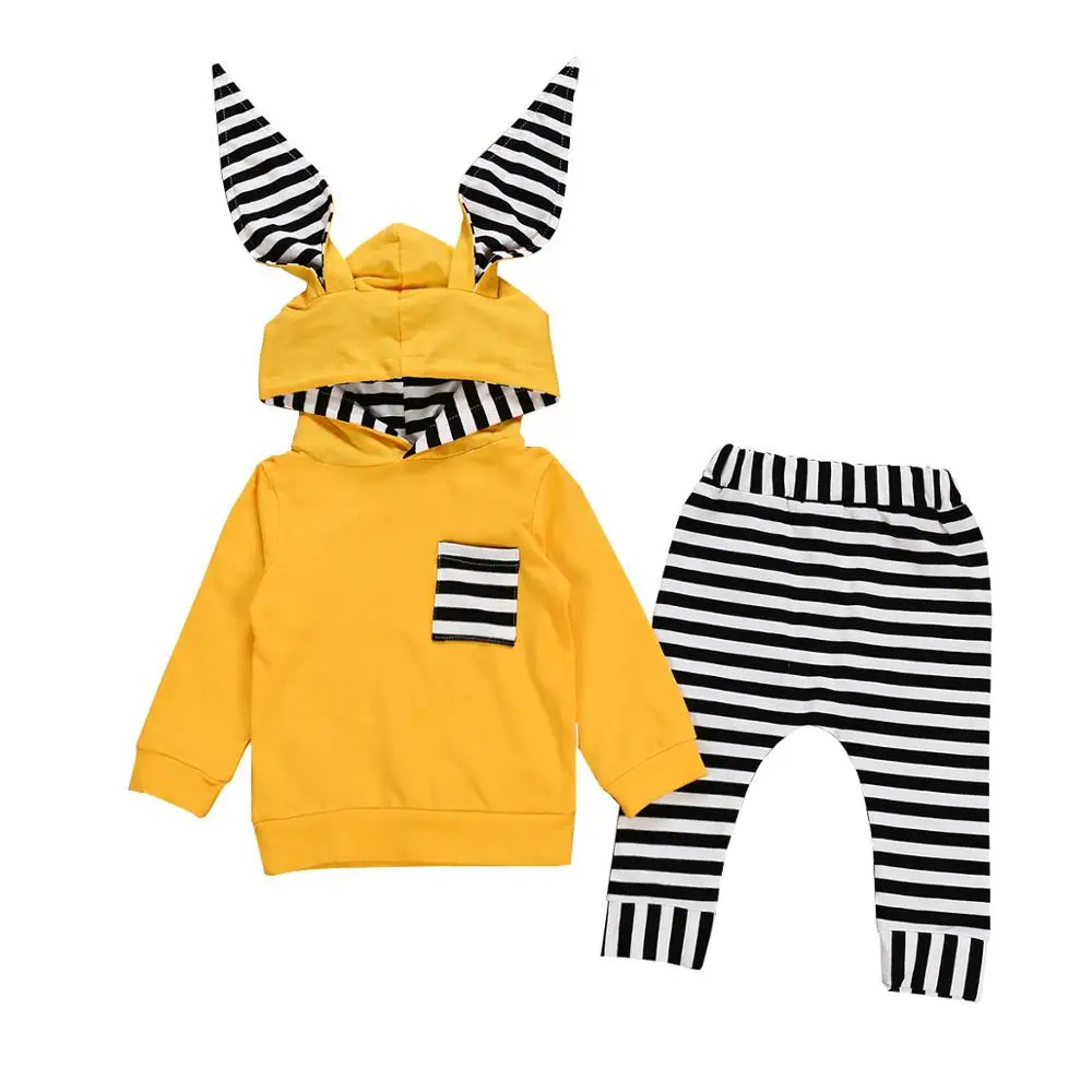 

INS Cute Spring Autumn Baby Kids Clothing Set Stripe Cotton Baby Clothes Set, Yellow/ grey