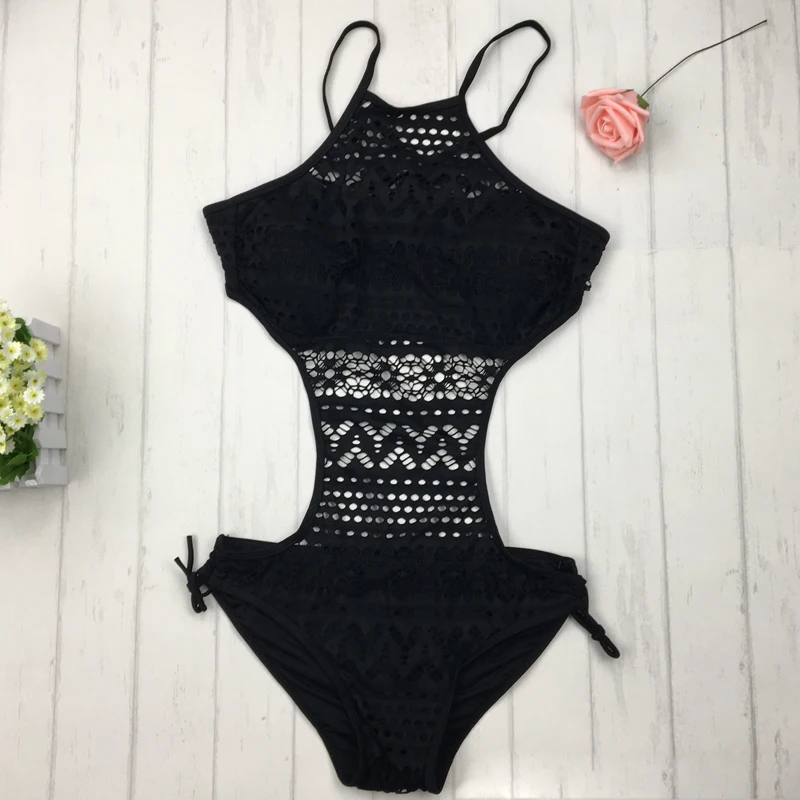 

monokini swimsuit 2016 lace Crochet high neck one piece swimwear women bathing suits black swimwear for women plavky, Black one piece swimsuit