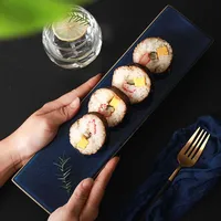 

Good Quality Ceramic Elegant Fambe Tableware Rectangle Flat Plate Blue Glazed Dessert Sushi Plate for Restaurant