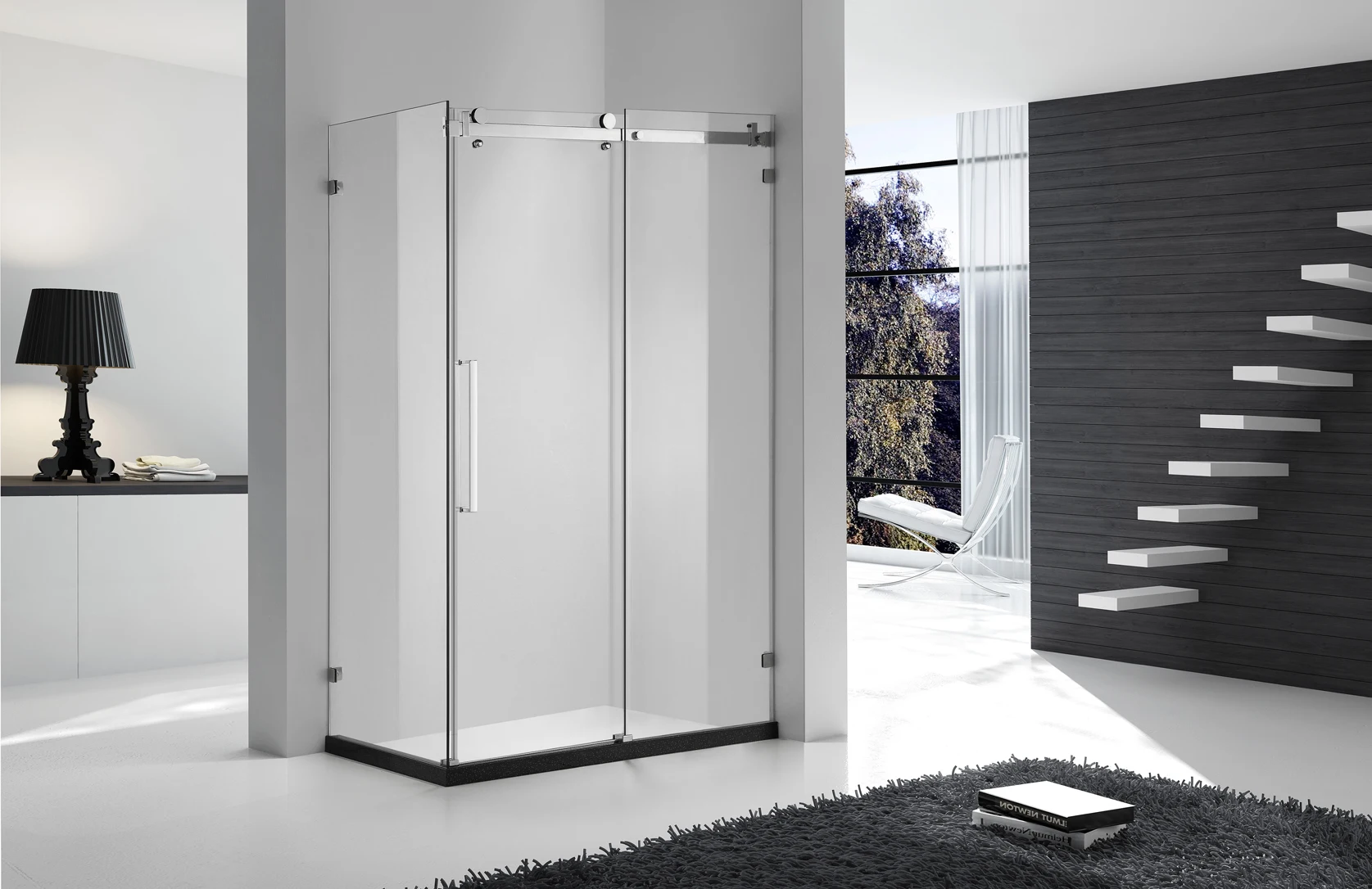 big SUS 304 roller frameless design square shape glass shower