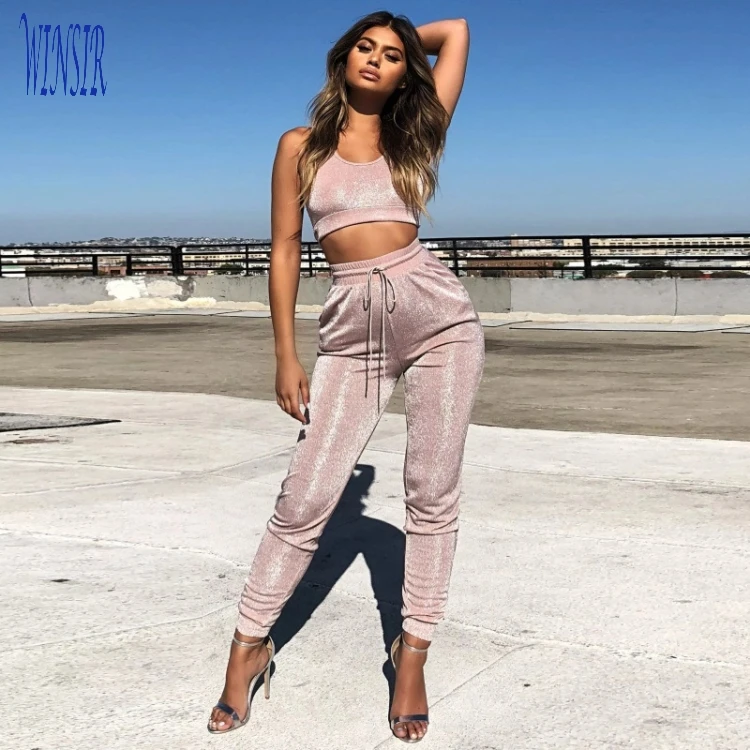 

Wholes Casual Silver Silk polyester spandex Draw String jogger for Women Crop top and leggings sets, Eco friendly dying