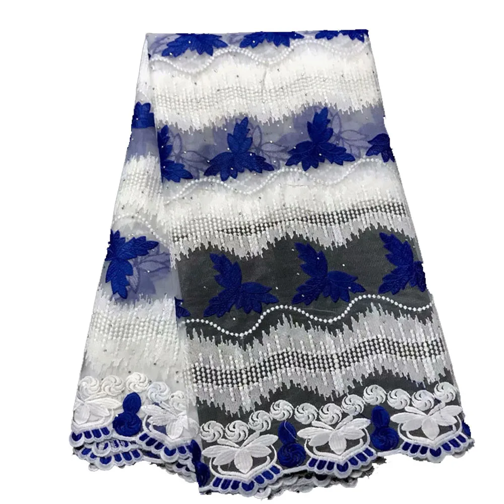 

Beautifical white fabric french net lace with rhinestones royal blue tulle ML5N580, Can be customized