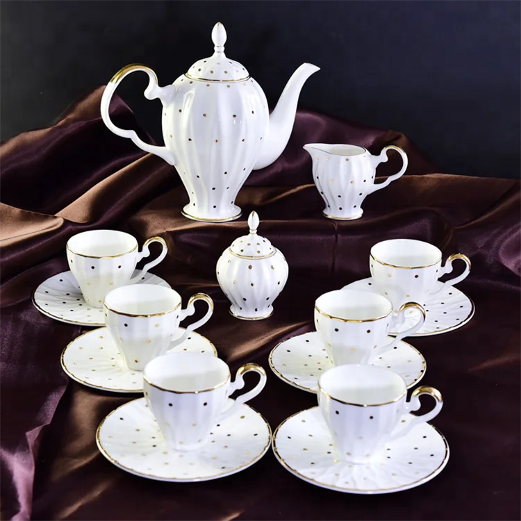 

Wholesale and retail 15 pcs royal fine bone china ceramic gold rim decal tea set, White;colorful