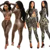 Fashion snake print straps long sleeve ladies casual jumpsuit
