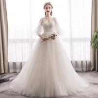 

Lace V-neck Bridal Gown Backless Tulle Classic Style Wedding Dress
