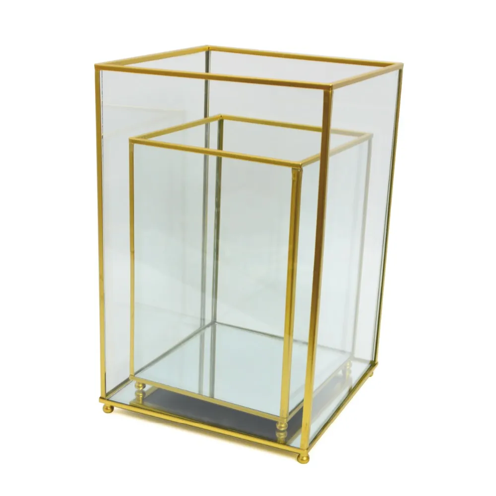 一套2 金银黑色长方形不锈钢金属焦点玻璃蜡烛台风暴灯笼