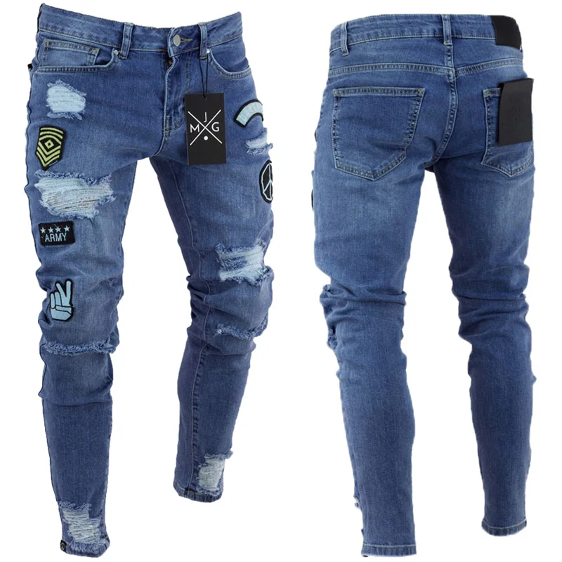 

Europe and the United States skinny pants badge jeans men Trendy knee hole biker jeans low cheap price man jeans Denim