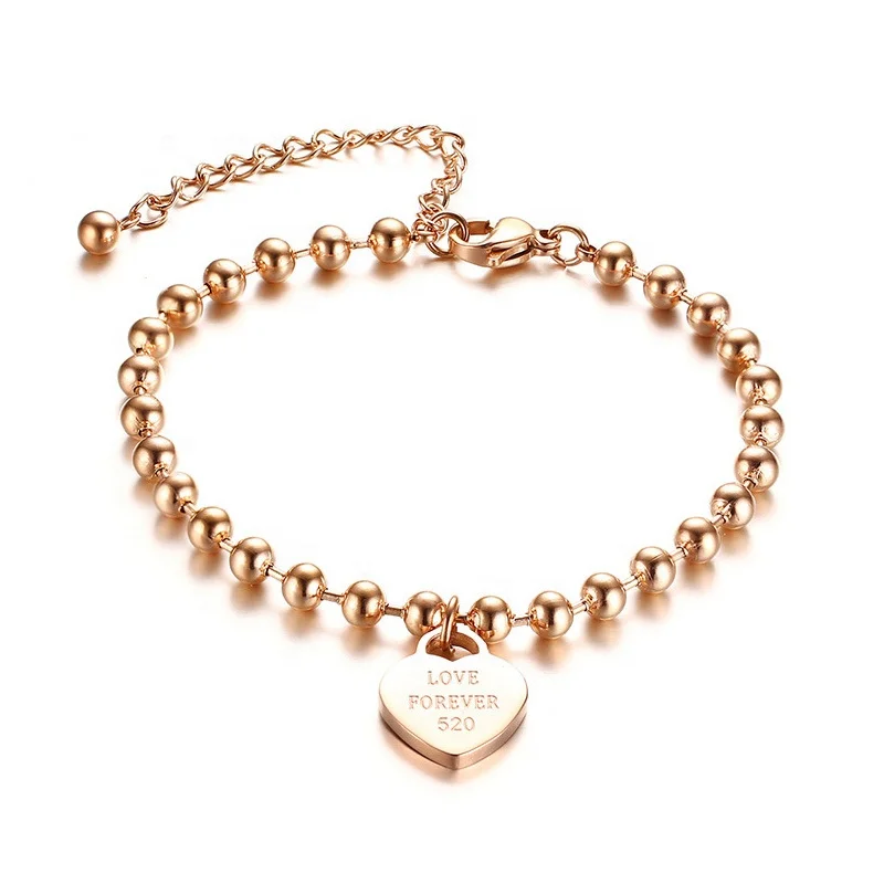 

women Stainless Steel Engraved Heart Charm Small Beads Bridesmaid adjustable Bracelet love Forever 520, Rose gold