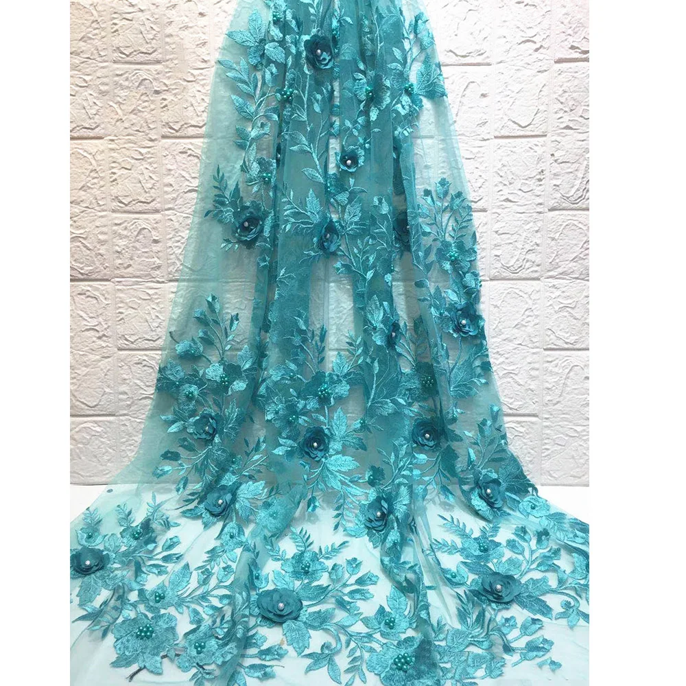 

Beautifical beads mesh net dressing blue wedding bridal lace 3D rose fabric ML44N123, Can be customized