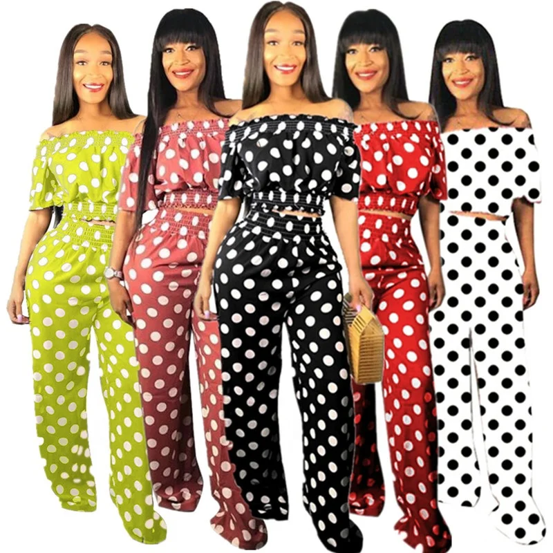 

2019 Fashion Dot Plus Size Crop Top and Wide Leg Women Two Piece Set Outfit Pants