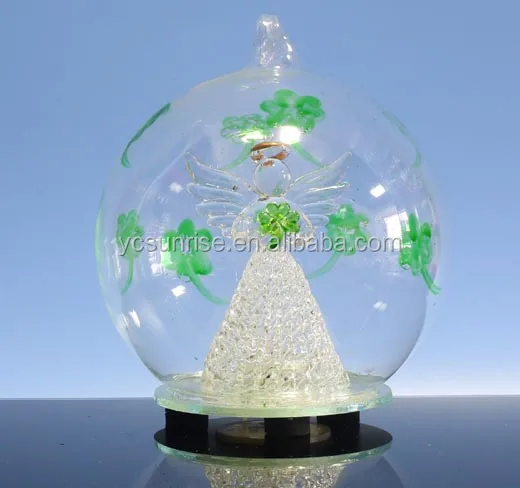 3 color changing glass baubles with angel, tree, snowman , nativity inside