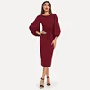 Burgundy Elegant Office Lady Tie Waist Long Lantern Sleeve Natural Waist Women Streetwear Dresses