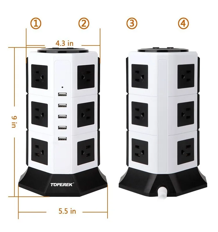 Extension Cord Power Strip Tower 12 Outlet 5 Usb Ports With Us Uk Eu