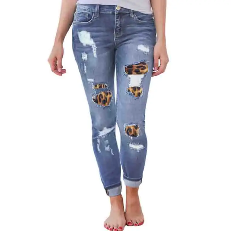 

New Design High Waist Trouser Ladies Leopard Patchwork Jeans