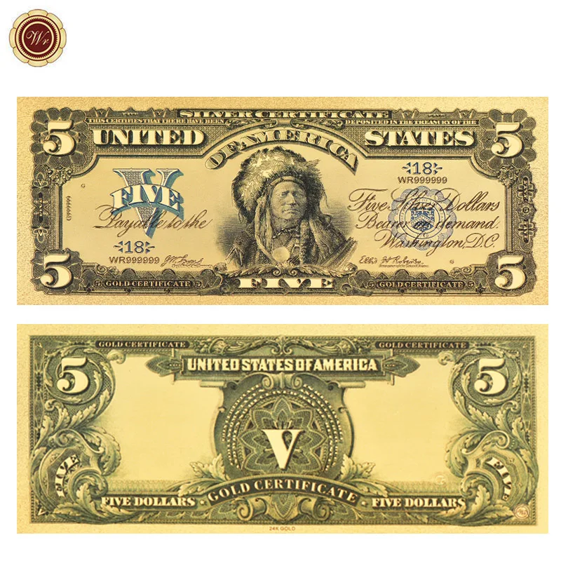 Beautiful COLOURISED 24K Gold Plated Embossed $5 Bill Dollar BANKNOTE 