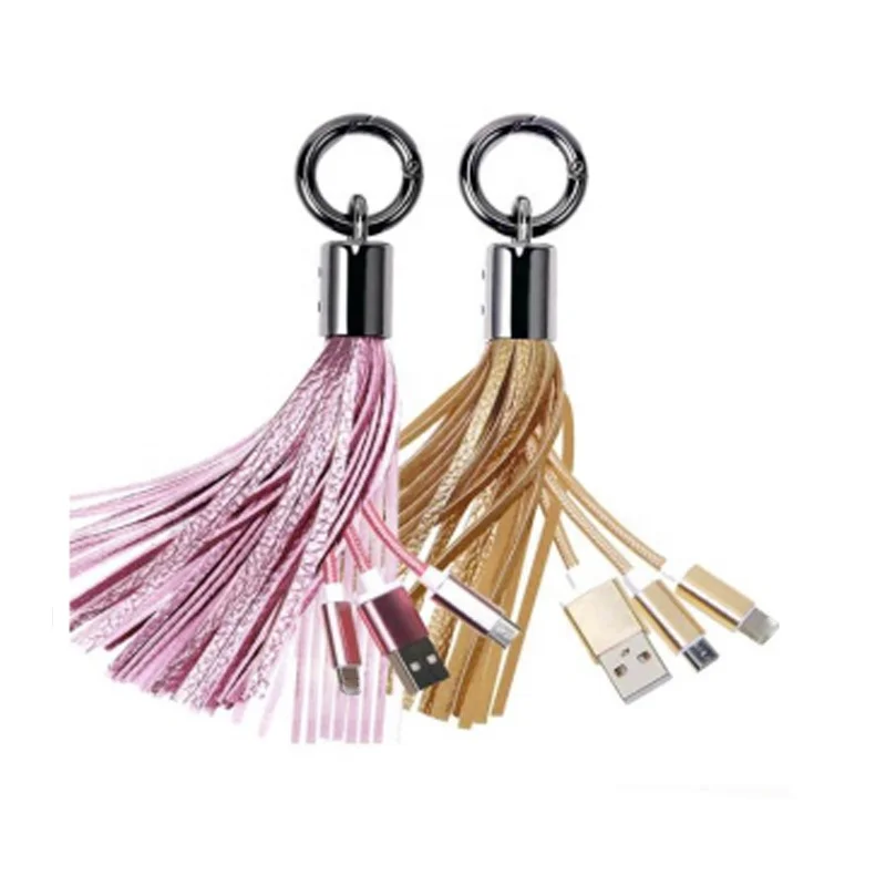 

Hot selling 3 in 1 Leather Tassel Key Chain USB Charging Sync Data Cable for iPhone Android Smartphones, Multicolor