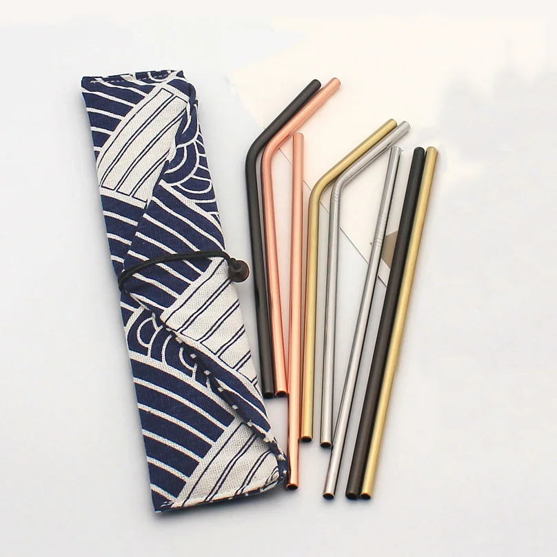 

custom LOGO Reusable Straw 304 Stainless Steel Straw Metal Smoothies Drinking Straws Set with Brush & Bag Wholesale, Silver gold;rose gold;balck rainbow