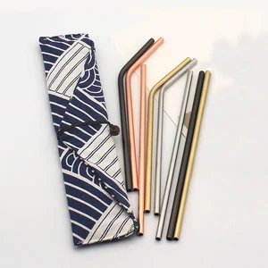 Image of custom LOGO Reusable Straw 304 Stainless Steel Straw Metal Smoothies Drinking Straws Set with Brush & Bag Wholesale