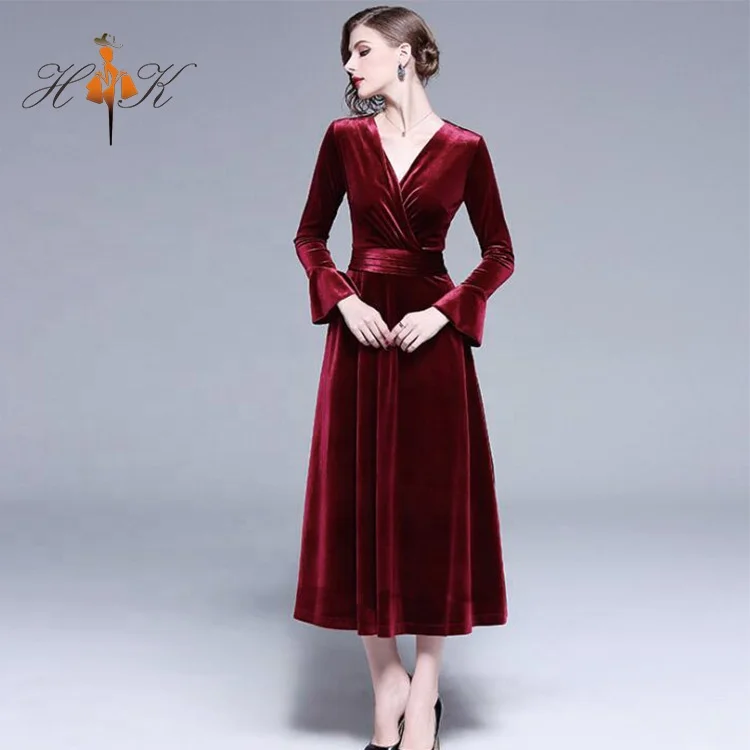 

V-neck fashion waist bodycon evening velvet dress long sleeves tight fitted dress, Burgundy