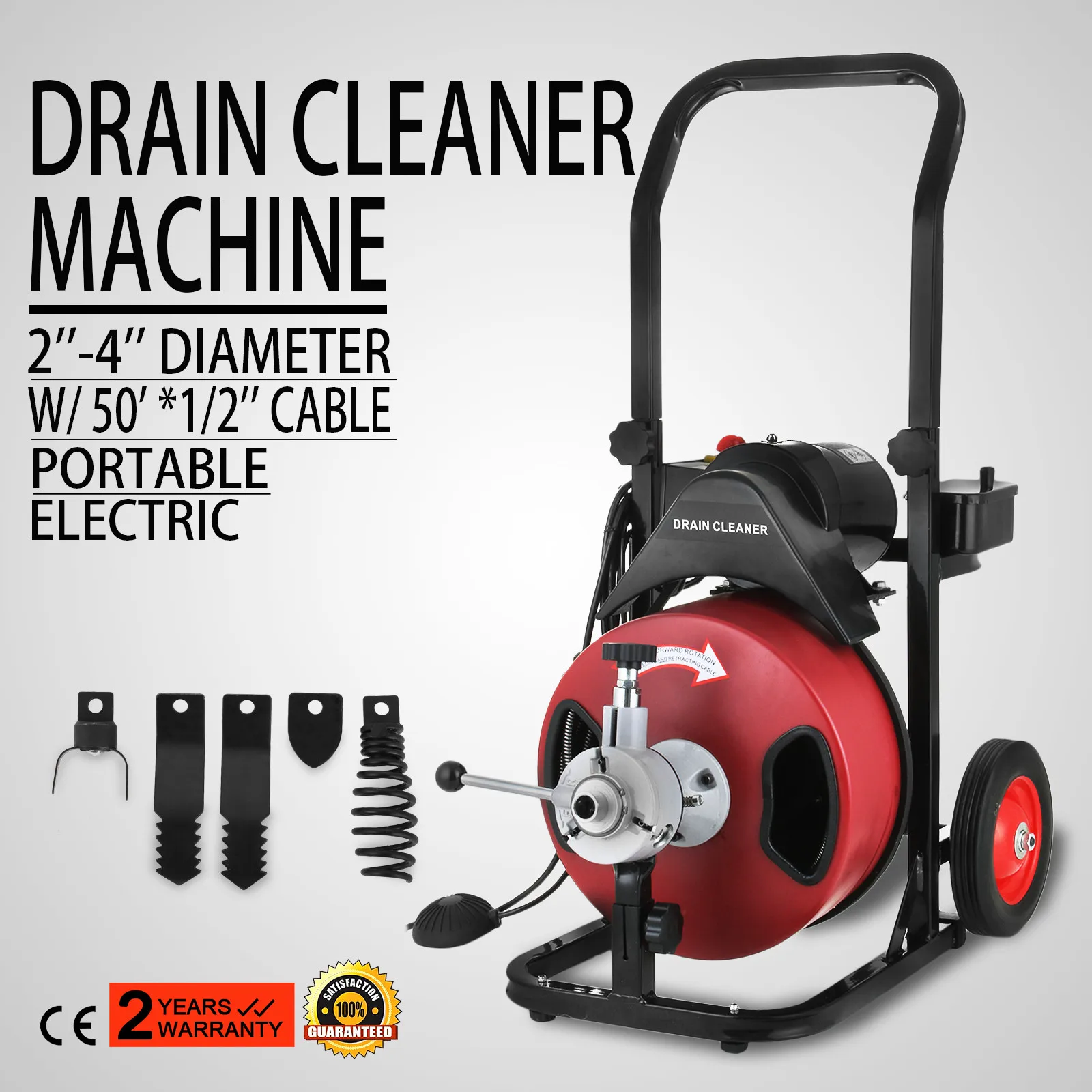 Showers & Floor Drains 250W Electric Pipe Drain Auger Cleaning Machine w/4 Cutters For 2” to 4” Pipes For Sinks 1/2 50FT Sewer Snake Drill Drain Auger Cleaner 
