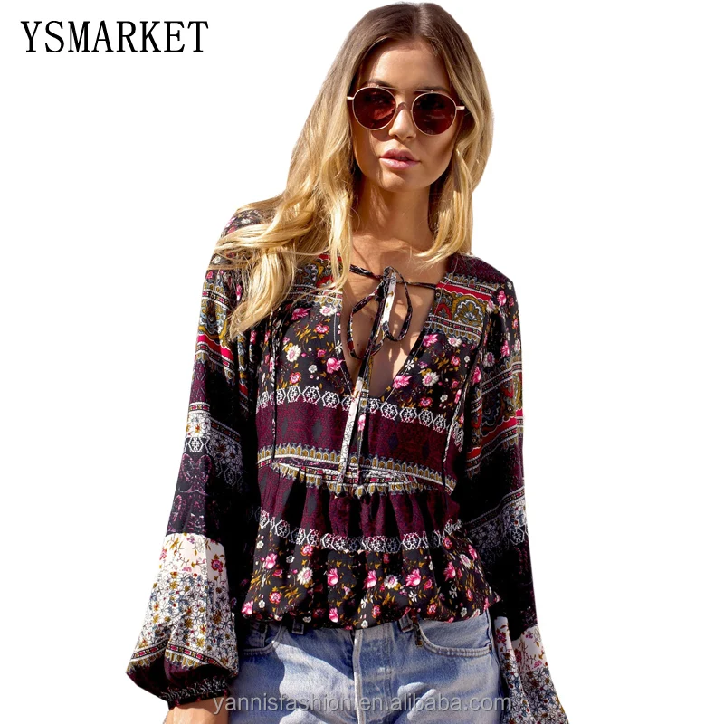 

2018 Spring Autumn Women Chic Bohemian Vintage Blouse Long Lantern Sleeve V Neck Floral Paisley Print Top E0812, N/a