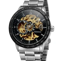 

Top Brand Luxury WINNER Mens Automatic Skeleton Mechanical Watches Men Military Full Steel Black Gold Watch Clock