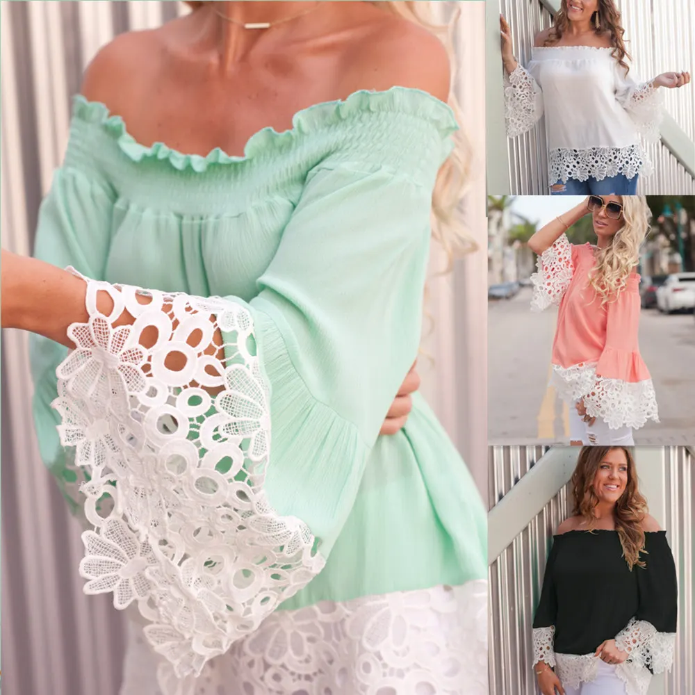 

Custom Lace Stitching One Shoulder Chiffon Shirt Lady Woman Blouse 2018, White;pink;green;black