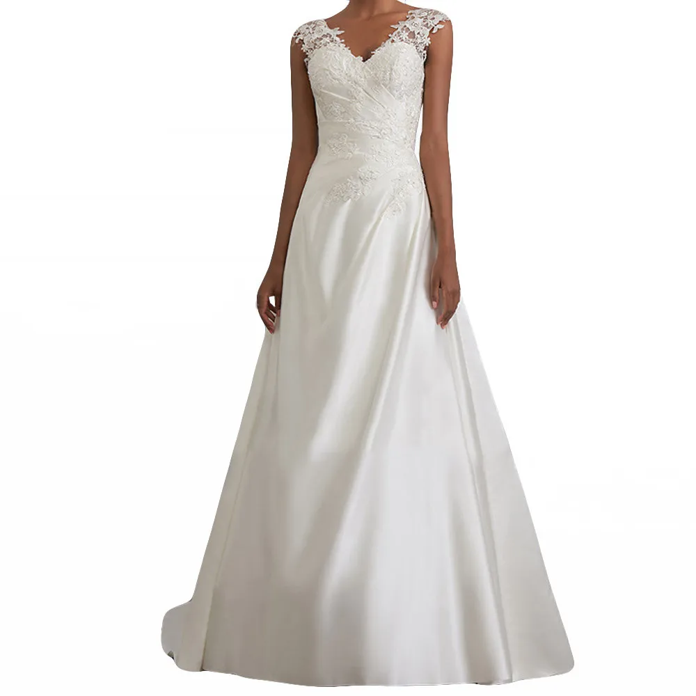 

Women' solid color lace stitching sling hollow backless dress toast wedding dress