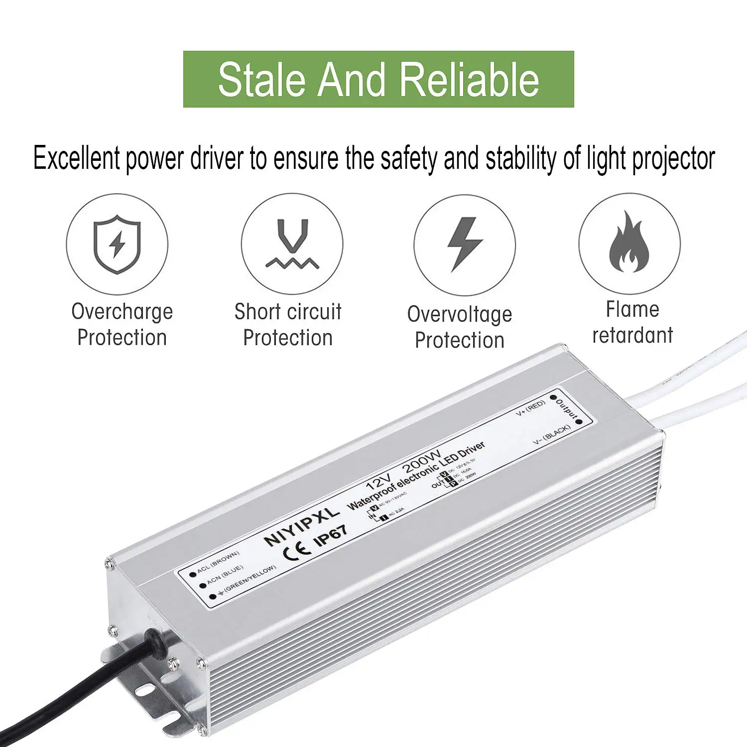 LED Driver 300 Watts waterproof IP67 Power Supply Transformer Adapter 100V-260V AC to 12V DC Low Voltage Output with 3-Prong Plug 3.3 Feet Cable