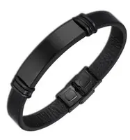 

Wholesale trend stainless steel clasp mens customized black engraved id leather bracelet