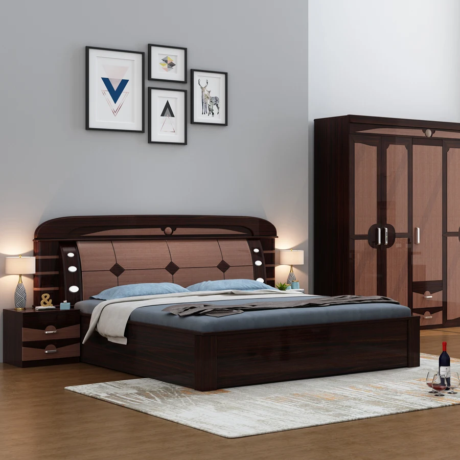 High Gloss Mdf Home Furniture King Size Bed Nightstands ...